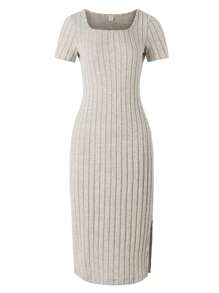 SHEIN Teen Girls Split Hem Ribbed Knit Dress - Apricot - View 1