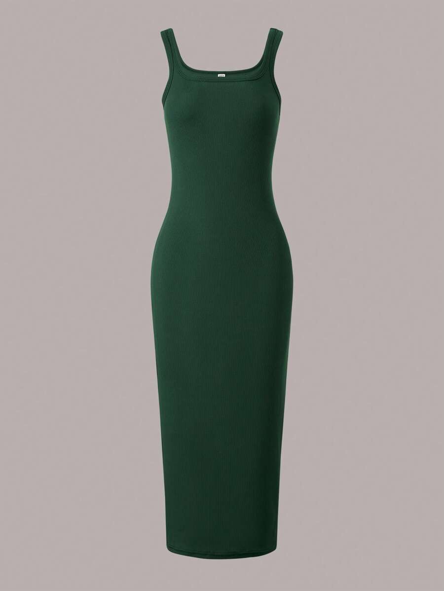 Teen Girls Solid Ribbed Knit Tank Dress - Army Green - View 1