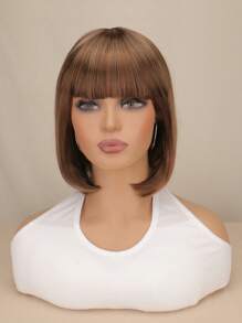 Short Straight Synthetic Wig With Bangs - Light Brown - View 1
