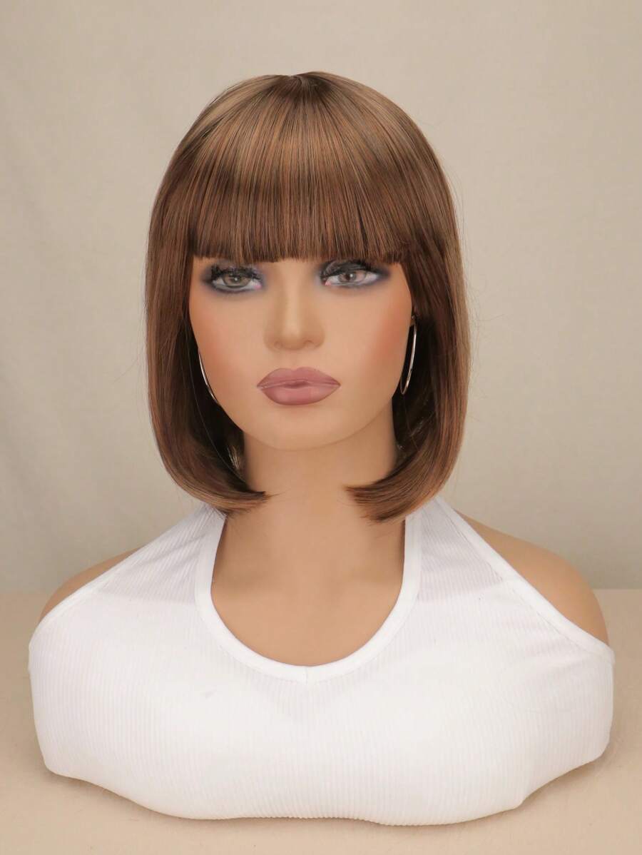 Short Straight Synthetic Wig With Bangs - Light Brown - View 1