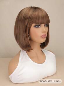Short Straight Synthetic Wig With Bangs - Light Brown - View 2