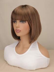 Short Straight Synthetic Wig With Bangs - Light Brown - View 4
