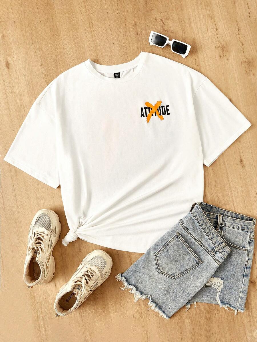 SHEIN EZwear Áo thun Plus size Lá thư Giải trí - trắng - Xem 1