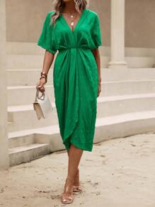 SHEIN Clasi 素色蝙蝠袖圍裹洋裝 - 綠色 - 查看 3