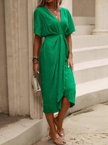 SHEIN Clasi 素色蝙蝠袖圍裹洋裝 - 綠色 - 查看 5
