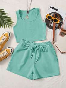 SHEIN EZwear Plus Solid Tank Top & Drawstring Waist Shorts - Mint Green - View 1