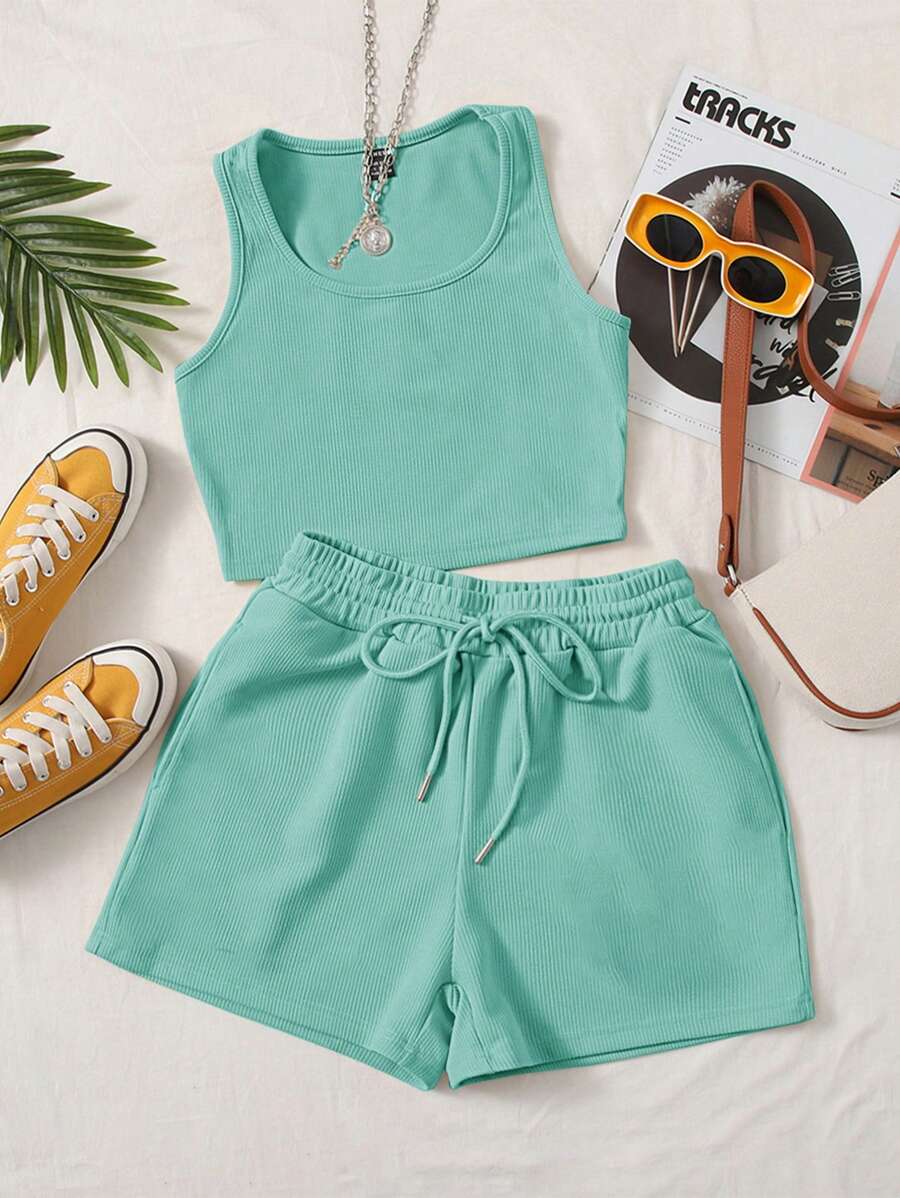 SHEIN EZwear Plus Solid Tank Top & Drawstring Waist Shorts - Mint Green - View 1