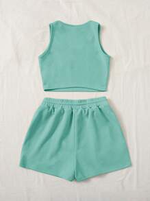 SHEIN EZwear Plus Solid Tank Top & Drawstring Waist Shorts - Mint Green - View 2