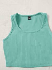 SHEIN EZwear Plus Solid Tank Top & Drawstring Waist Shorts - Mint Green - View 3