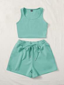 SHEIN EZwear Plus Solid Tank Top & Drawstring Waist Shorts - Mint Green - View 4