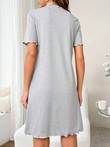 Contrast Lace Lettuce Trim Nightdress - Grey - View 2