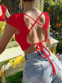 SHEIN Essnce Crisscross Tie Backless Crop Tee - Red - View 1