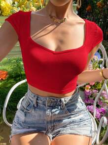 SHEIN Essnce Crisscross Tie Backless Crop Tee - Red - View 5