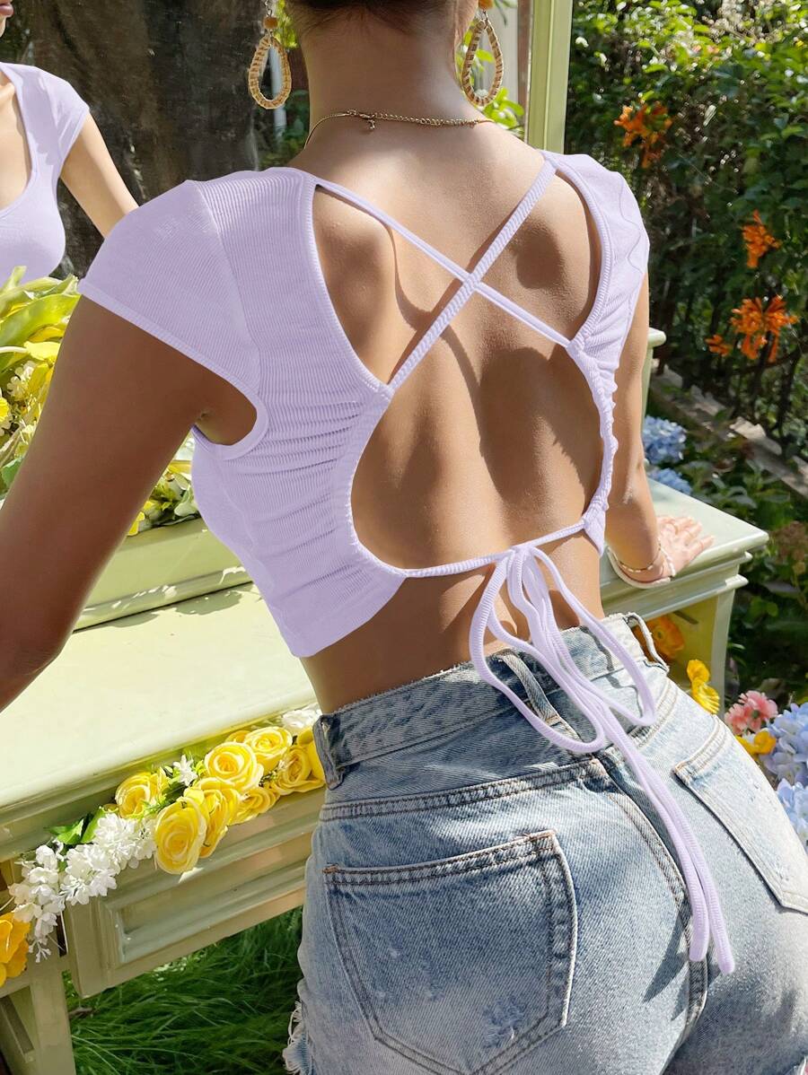 SHEIN Essnce Áo thun nữ Lộ Lưng Hội Chữ thập Buộc lại màu trơn Gợi cảm - Màu tím hoa cà - Xem 1