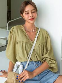DAZY Contrast Lace Lantern Sleeve Blouse,Back To School Clothes,Fall Women Clothes Long Sleeve Top - Olive Green - View 1