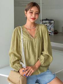 DAZY Contrast Lace Lantern Sleeve Blouse,Back To School Clothes,Fall Women Clothes Long Sleeve Top - Olive Green - View 2