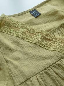 DAZY Contrast Lace Lantern Sleeve Blouse,Back To School Clothes,Fall Women Clothes Long Sleeve Top - Olive Green - View 3