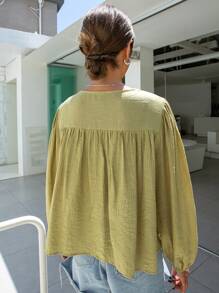 DAZY Contrast Lace Lantern Sleeve Blouse,Back To School Clothes,Fall Women Clothes Long Sleeve Top - Olive Green - View 4