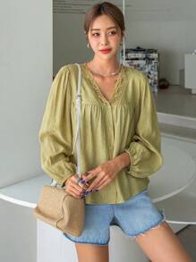 DAZY Contrast Lace Lantern Sleeve Blouse,Back To School Clothes,Fall Women Clothes Long Sleeve Top - Olive Green - View 5