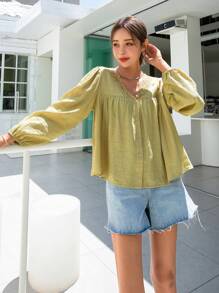 DAZY Contrast Lace Lantern Sleeve Blouse,Back To School Clothes,Fall Women Clothes Long Sleeve Top - Olive Green - View 6
