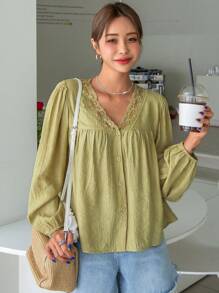 DAZY Contrast Lace Lantern Sleeve Blouse,Back To School Clothes,Fall Women Clothes Long Sleeve Top - Olive Green - View 7