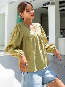 DAZY Contrast Lace Lantern Sleeve Blouse,Back To School Clothes,Fall Women Clothes Long Sleeve Top - Olive Green - View 8