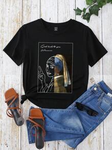 SHEIN EZwear Áo thun nữ Con số Slogan Giải trí - màu đen - Xem 1