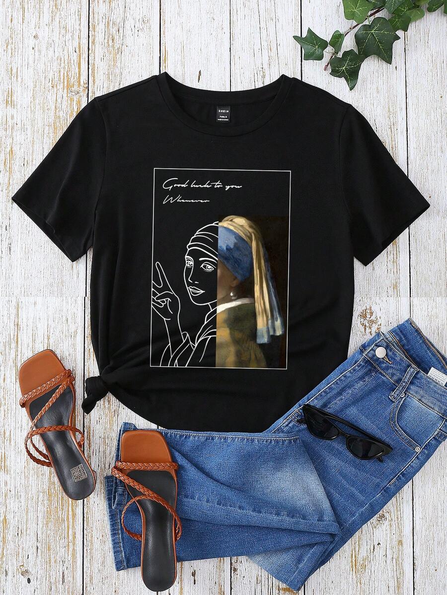 SHEIN EZwear Áo thun nữ Con số Slogan Giải trí - màu đen - Xem 1