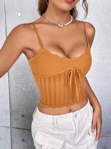 SHEIN EZwear Áo dệt kim nữ Thắt nút Sò điệp màu trơn Giải trí - màu nâu - Xem 3