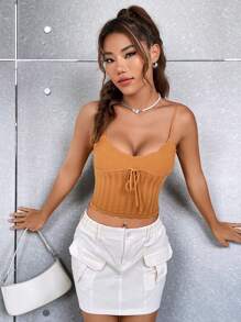 SHEIN EZwear Áo dệt kim nữ Thắt nút Sò điệp màu trơn Giải trí - màu nâu - Xem 5