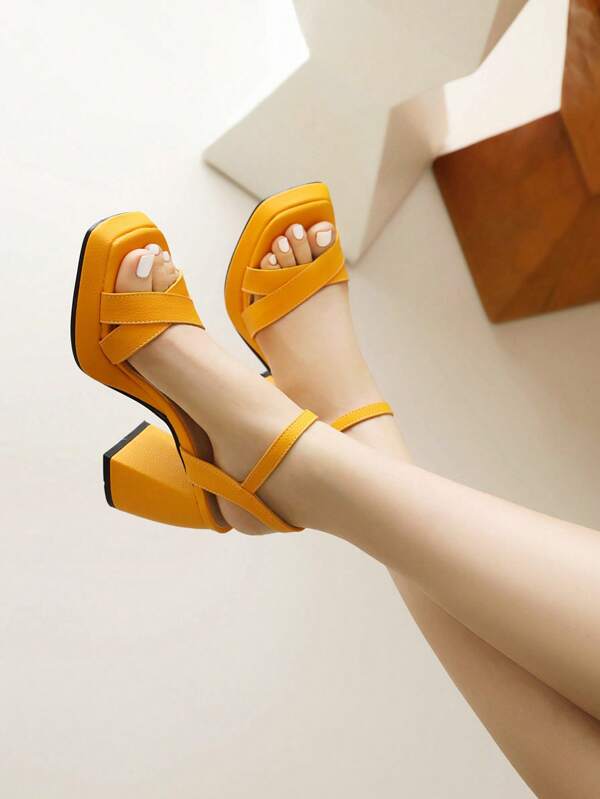 Women Cross Strap Chunky Heeled Ankle Strap Sandals, Funky Yellow Sandals