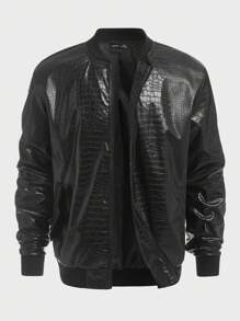 GENTILAND Loose-Fit Men's Crocodile Embossed PU Leather Bomber Jacket - Black - View 1