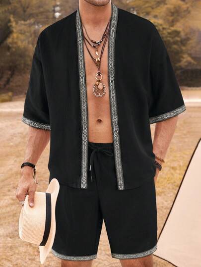 Genlund Conjunto informal de hombre de dos piezas compuesto por un kimono cárdigan con cinta de contraste y pantalones cortos con cordón en la cintura - Kimono, Colorblock, Vacaciones, Esposo, Estilo boho