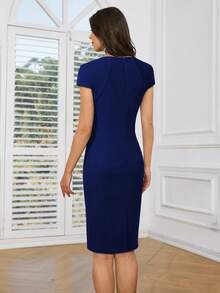 HOMEYEE 素色後背開衩緊身連衣裙 - 藏蓝色 - 查看 2