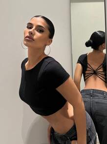 SHEIN ICON Áo thun nữ Lộ Lưng Hội Chữ thập màu trơn Gợi cảm - màu đen - Xem 3