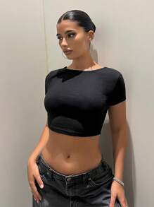 SHEIN ICON Áo thun nữ Lộ Lưng Hội Chữ thập màu trơn Gợi cảm - màu đen - Xem 4