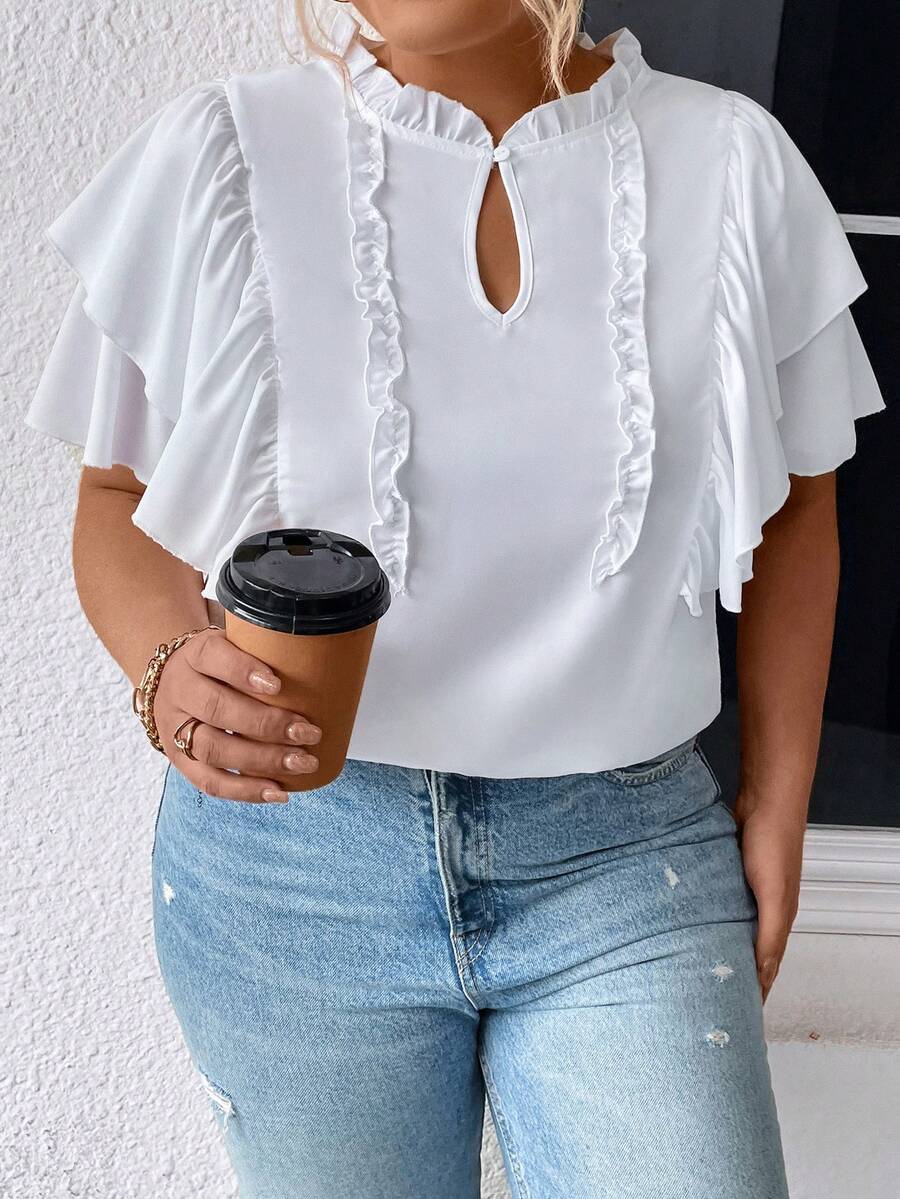 SHEIN Clasi 大碼褶邊鎖眼領蝴蝶袖襯衫 - 白色 - 查看 1