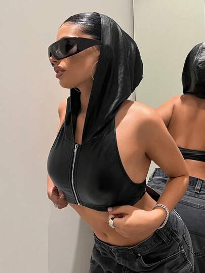 SHEIN ICON Zip Up Hooded Crop Tank Top
