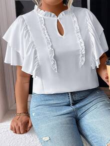 SHEIN Clasi 大碼褶邊鎖眼領蝴蝶袖襯衫 - 白色 - 查看 3