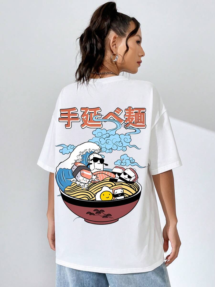SHEIN EZwear 卡通和字母圖案落肩袖超大號T恤 - 白色 - 查看 1