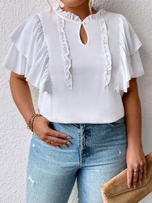 SHEIN Clasi 大碼褶邊鎖眼領蝴蝶袖襯衫 - 白色 - 查看 5