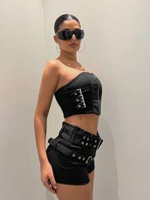 SHEIN ICON 素色金屬氣眼短褲 - 黑色 - 查看 4