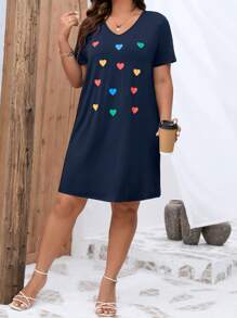 SHEIN LUNE 大碼愛心圖案T恤連衣裙 - 藏蓝色 - 查看 3