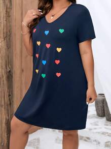 SHEIN LUNE 大碼愛心圖案T恤連衣裙 - 藏蓝色 - 查看 5