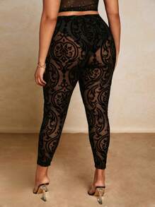 SHEIN BAE 加大花卉印花网眼紧身裤（不含内裤） - 黑色 - 查看 2