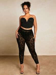 SHEIN BAE 加大花卉印花网眼紧身裤（不含内裤） - 黑色 - 查看 5