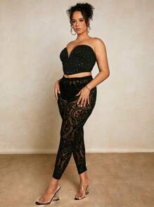 SHEIN BAE 加大花卉印花网眼紧身裤（不含内裤） - 黑色 - 查看 6