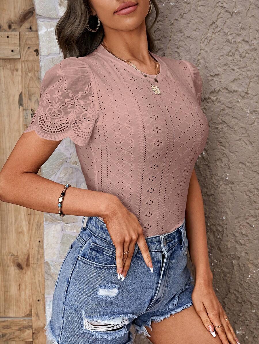 SHEIN LUNE Eyelet Embroidery Puff Sleeve Tee - Dusty Pink - View 1