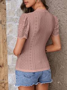 SHEIN LUNE Eyelet Embroidery Puff Sleeve Tee - Dusty Pink - View 2