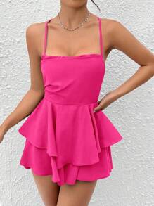 SHEIN PETITE Lace Up Backless Tiered Layer Solid Cami Romper - Hot Pink - View 5